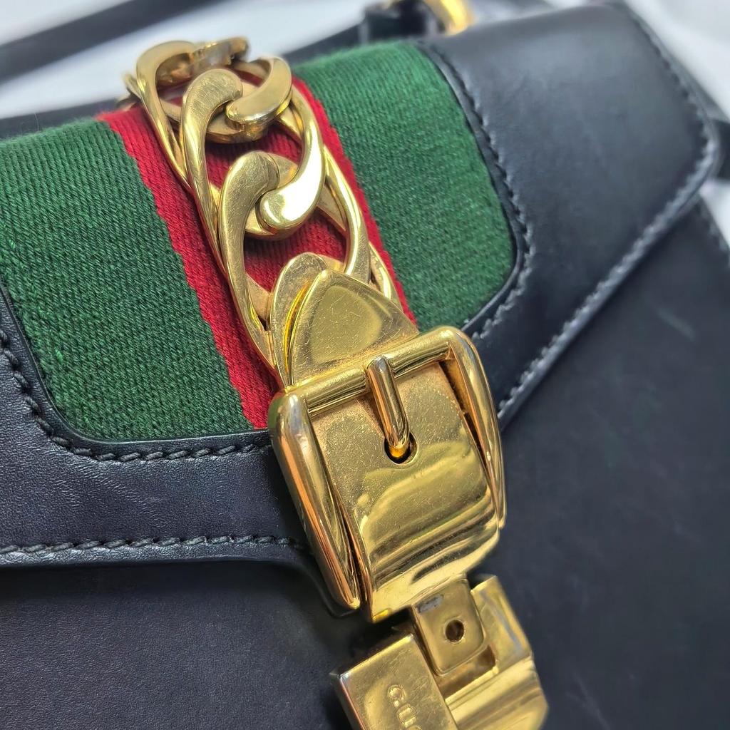 [Pre-Owned] Sylvie Gold Buckle Striped Web Leather Tote Shoulder Crossbody Mini Bag - Good #1Y1UPPS