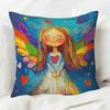 1Pc Oil Painting Style Rainbow Angel Girl Printed Throw Pillow Cover,Suitable For Sofa,Bedroom,Livingroom,Healing Gift For Girls