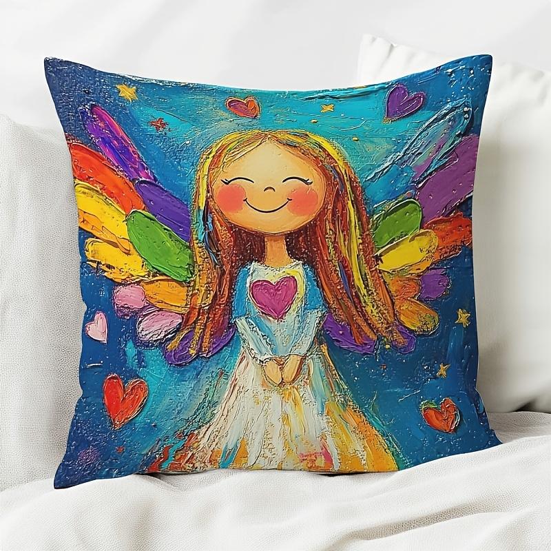 1Pc Oil Painting Style Rainbow Angel Girl Printed Throw Pillow Cover,Suitable For Sofa,Bedroom,Livingroom,Healing Gift For Girls