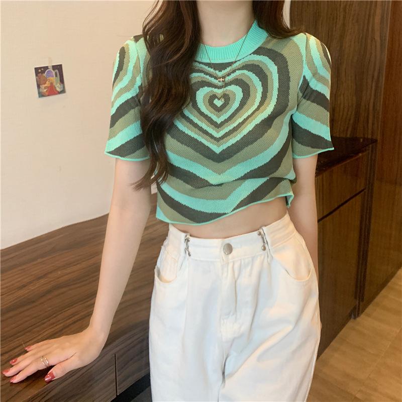 Fashion Knit Sweater Women Loose Slim Short Sleeve Love Top Summer Versatile Fashion Short Round Neck Womens Casual Essential Slim Fit Pullovers Tees