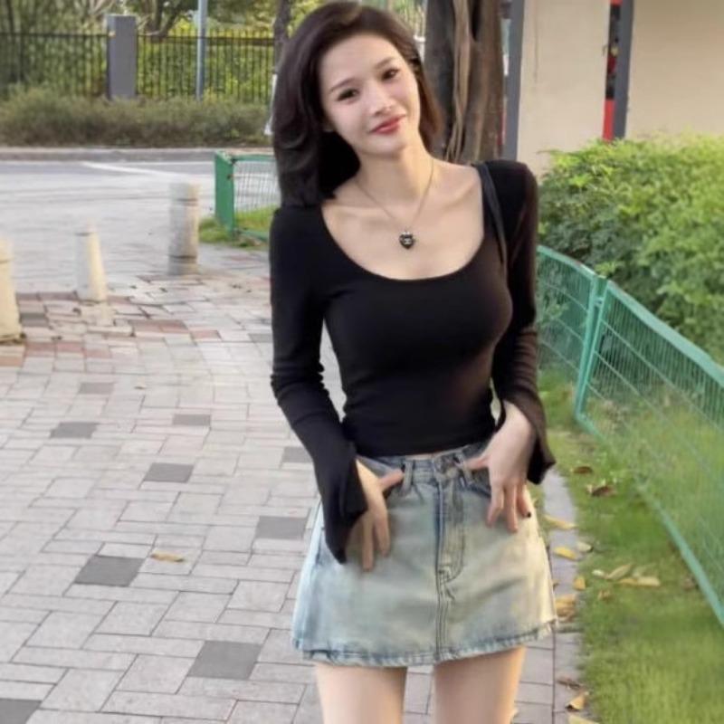 Noul Tricou de Toamnă și Iarnă Pure Wind cu Gât U, Mânecă Lungă pentru Femei cu Mânecă Corn Subțire, Cămașă de Bază