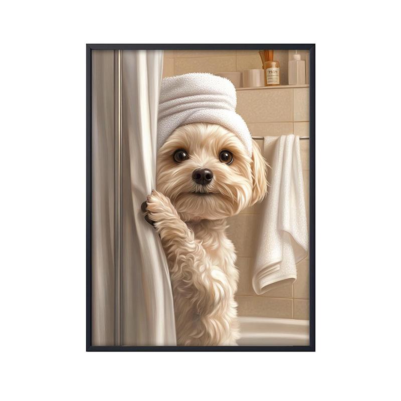 Cute Shower Dog Bathroom Decor Poster Dog in Bathtub Print Animal Murals Canvas for Home Decor Dog Lover Gifts