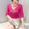 Summer New Women's Flare Sleeve T-shirt O-Neck Luxury Diamonds Tops High Quality Girl Shiny Mesh Tees