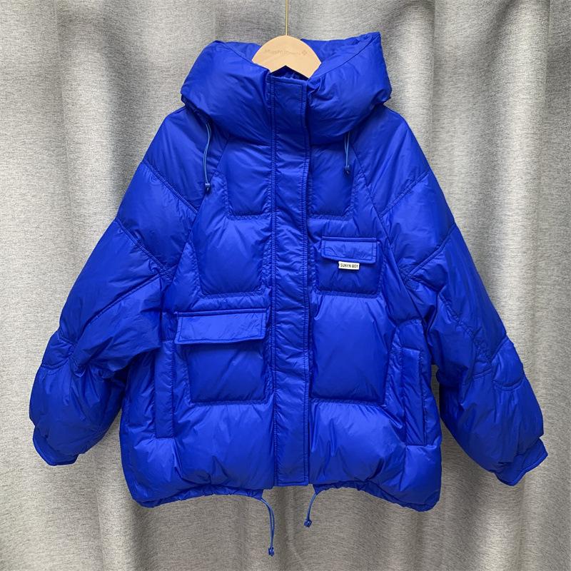 Zima Podzim Ženy Volný Polstrovaný Zip Jednobarevné Módní Bunda S Kapucí Límec Vše Odpovídající Teplý Bílý Kabát