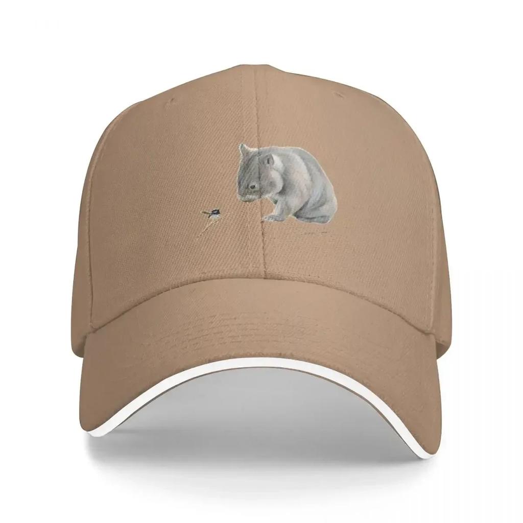 Wombat and Blue Wren Friends with signature Superb blue fairy wren Baseball Cap Trucker Hat Streetwear Unisexs Baseball Womens