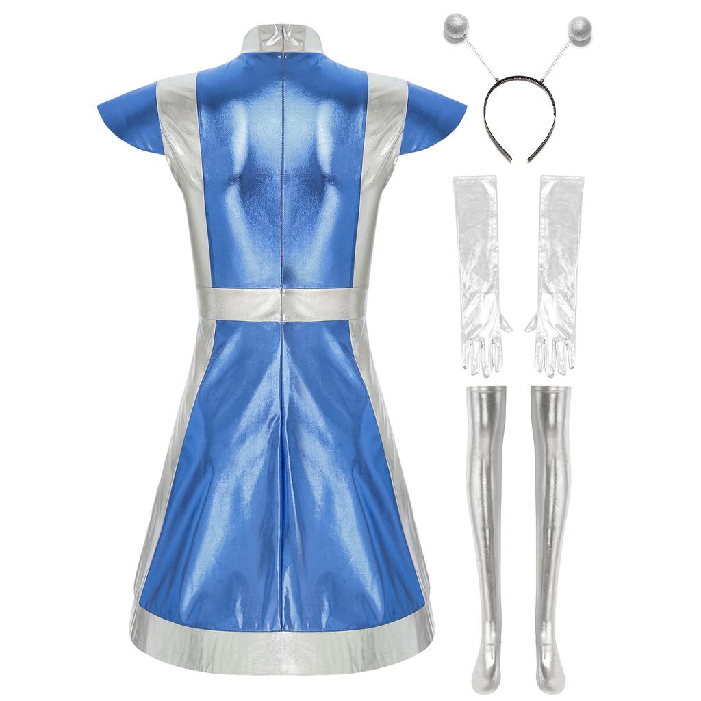 Womens Alien Cosplay Costume Space Fighter Design Metallic Shiny Dress Hair Hoop Long Gloves Stockings