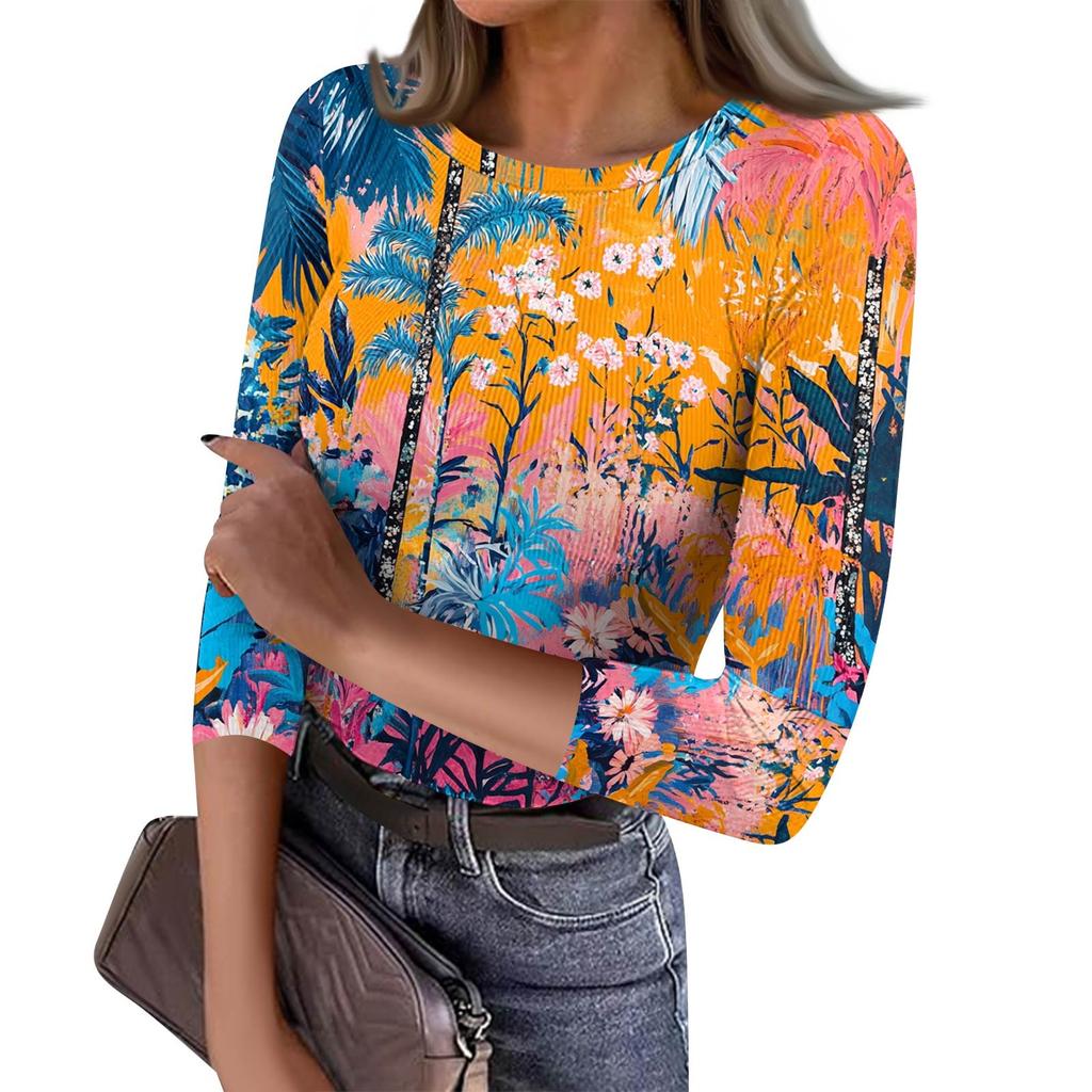 Women's Slim Bottom T-shirt Fashion Casual  Printed Round Neck Pullover Seven Sleeve Top