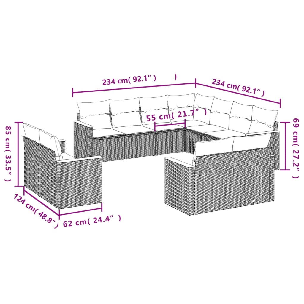 Vidaxl 11-Cz. Garden Furniture Set With Cushions, Beige, Poly Rattan
