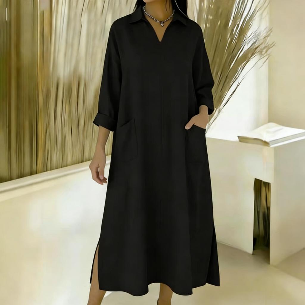 Women's -color Mid-length Loose-fitting Dress With Large Pockets And Casual