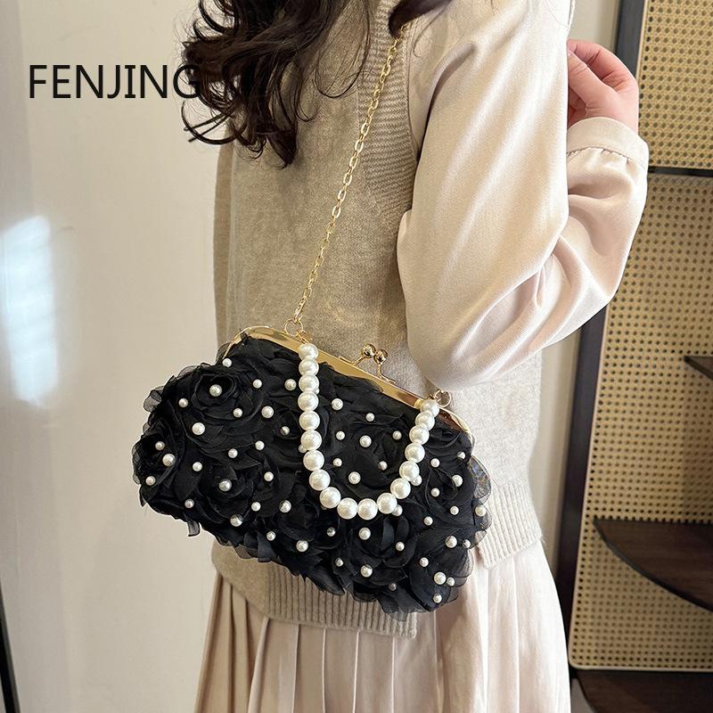Red Flower Evening Banquet Bag Elegant Pearl Handle Chain Handbag Small Clutches Purse Seashell Shape Crossbody Shoulder Bag