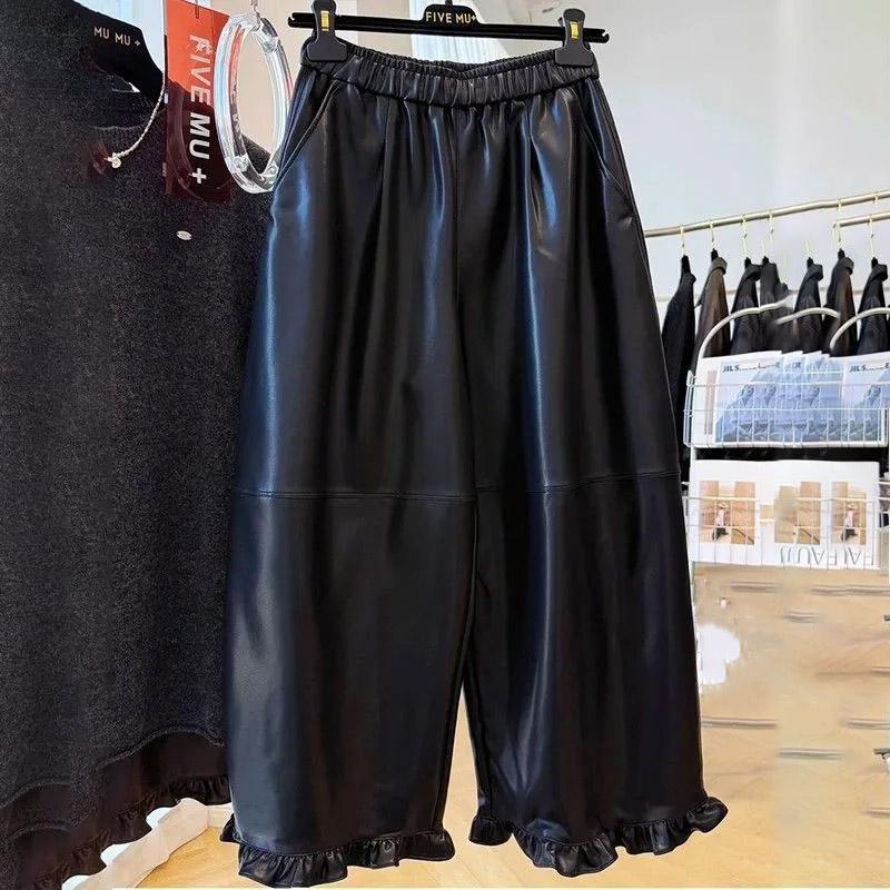 Leather Pants for Women Elastic High Waist Long Trousers Plus Size Thickened Stretchy Solid Colour Versatile Casual Wide Leg Pants