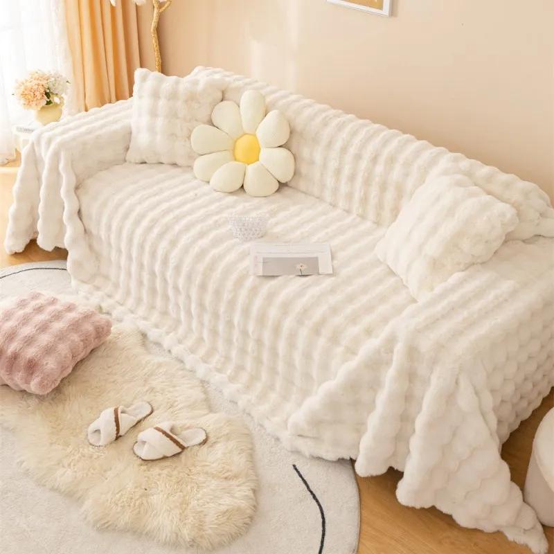 Luxury Faux Fur Sofa Covers for Living Room Warm Winter Super Soft Plush Couch Covers Bubble Shaped Thick Slipcover Sofa Towel