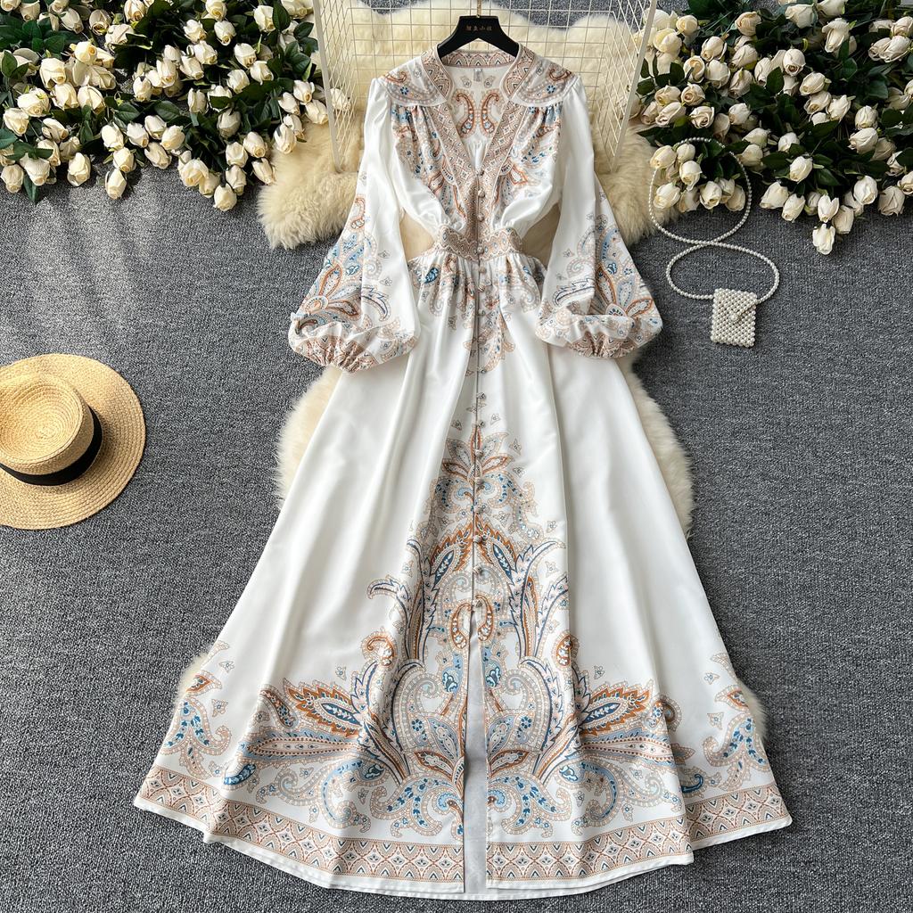 Francouzské retro elegantní dlouhé šaty dámské ve společenském stylu s potiskem paisley dámské Dlouhé šaty do V s výstřihem do V