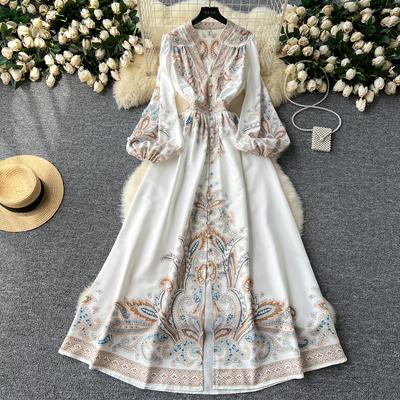 French Retro Elegant Long Dress Women Court Style Printed Paisley Party Dresses Ladies Slim A-line V-neck Long Dresses