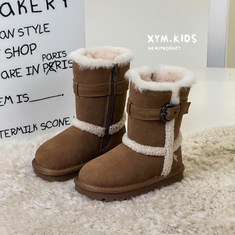 Kids Winter Warm Faux Suede Snow Boots With Buckle Strap Mid-Calf Unisex Childrens Cold Weather Footwear