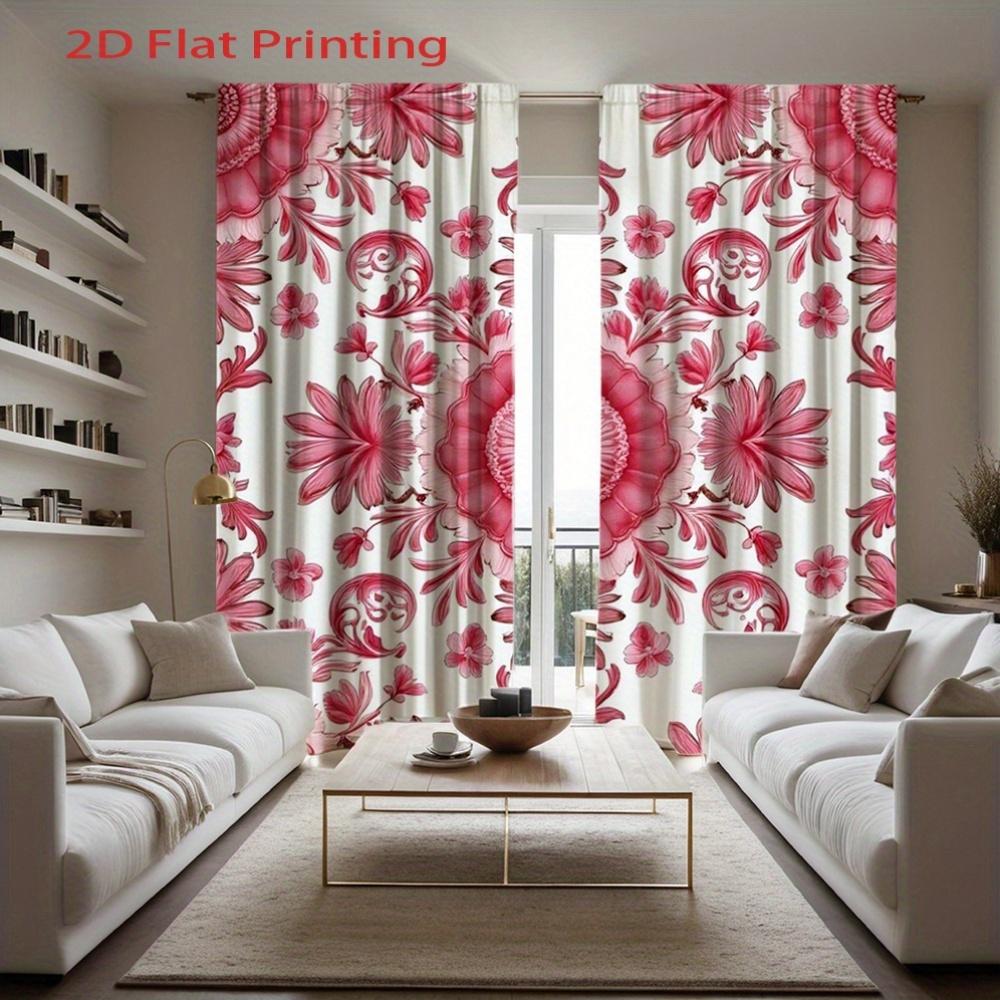 Set Of 2 Floral Curtains Pink Window Drapes White Background Semi Sheer Treatments Vintage Made Polyester