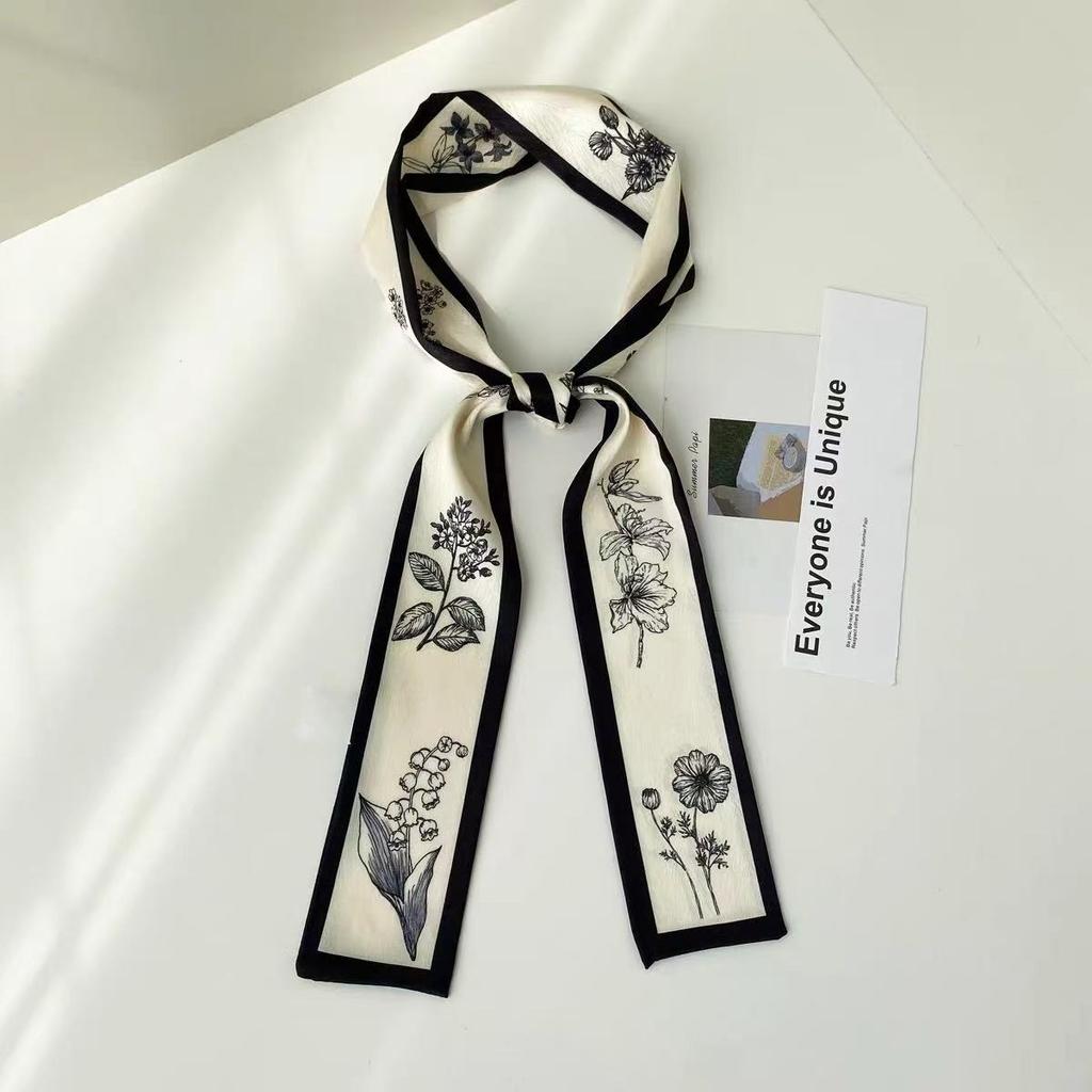 Plant Print Fashion Hair Ribbon Scarf Neck Tie Bag Scarfs Satin Silk Skinny Headscarves For Women