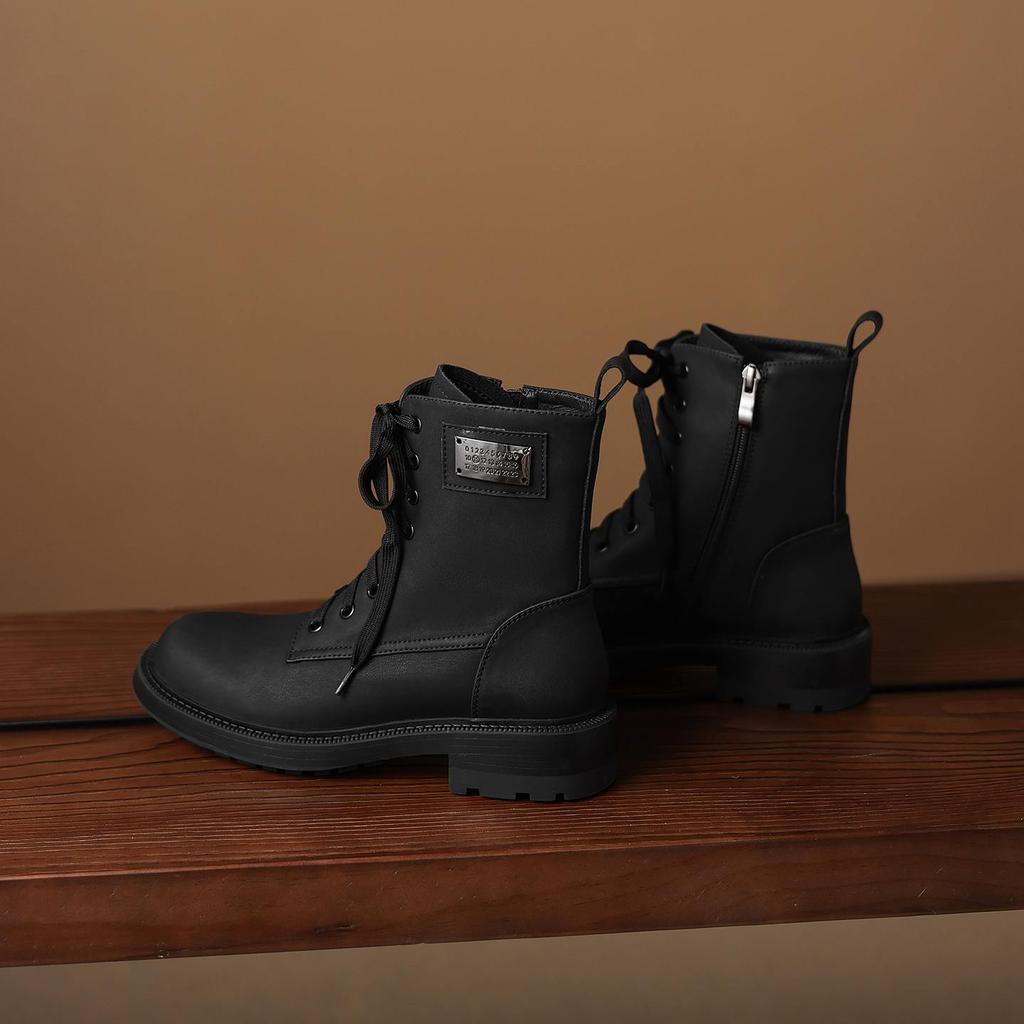 Krazing Pot Genuine Leather Winter Round Toe Western Boots Med Heels Women Cross-tied Lace Up Women Ankle Boots