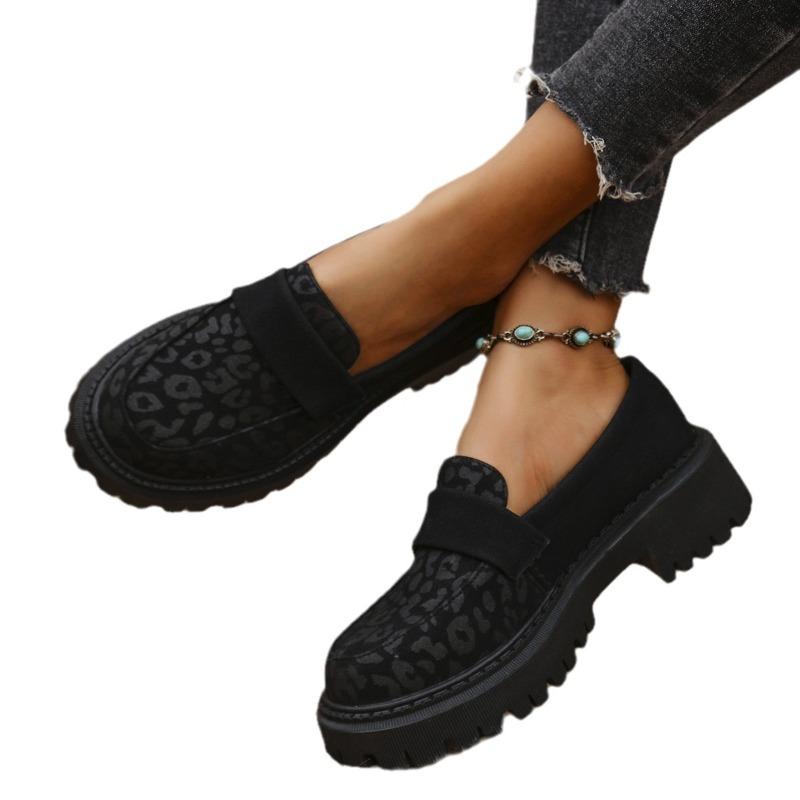 Women's Slip-On Loafers, Patterned Round Toe Casual Leather Shoes, Plus Size British Style Flats