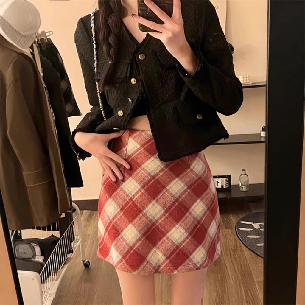 Plus Size Women's High Waist Retro Plaid Wool Mini Skirt