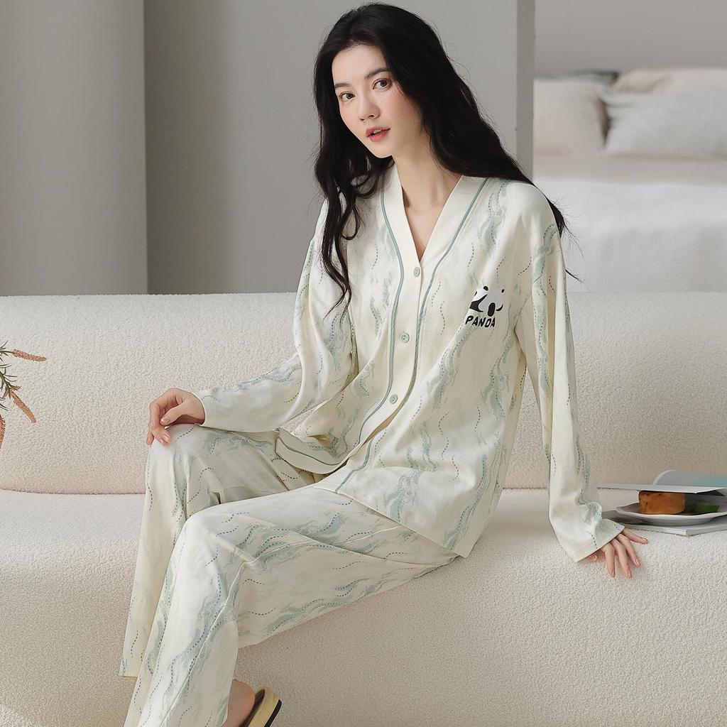 Dámské pyžamo s dlouhým rukávem z čisté bavlny 2025: Perfektní na podzim, zimu a jaro, nositelné venku, loungewear ve stylu kimona, ze 100% bavlny