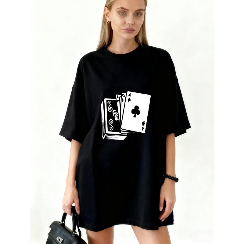 Oversized T Shirt Dress Black Playing Cards Print Casual Streetwear Outfit
