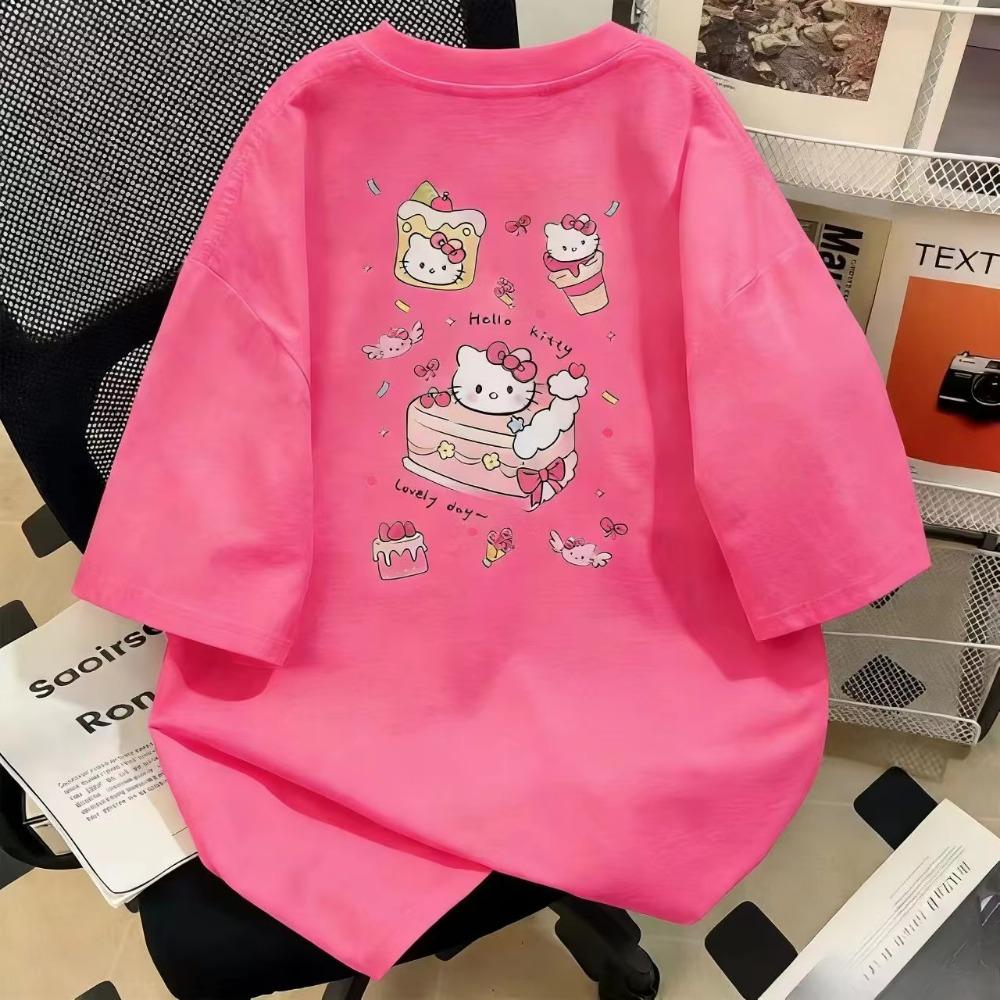 2026 Hello Kitty Short Sleeve for women,casual crew neck, cute cartoon print, Comfortable and loose-fitting