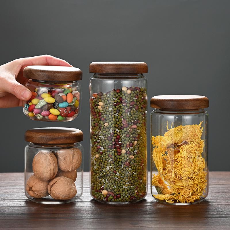 Acacia Wood Lid Borosilicate Glass Folding Storage Jar - Sealed Kitchen Jar
