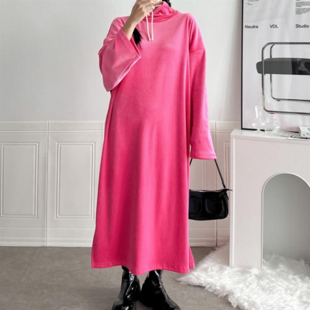 New Arrivals Open Run Women Turtle Neck Boxy Fit Long Dress Side Slit