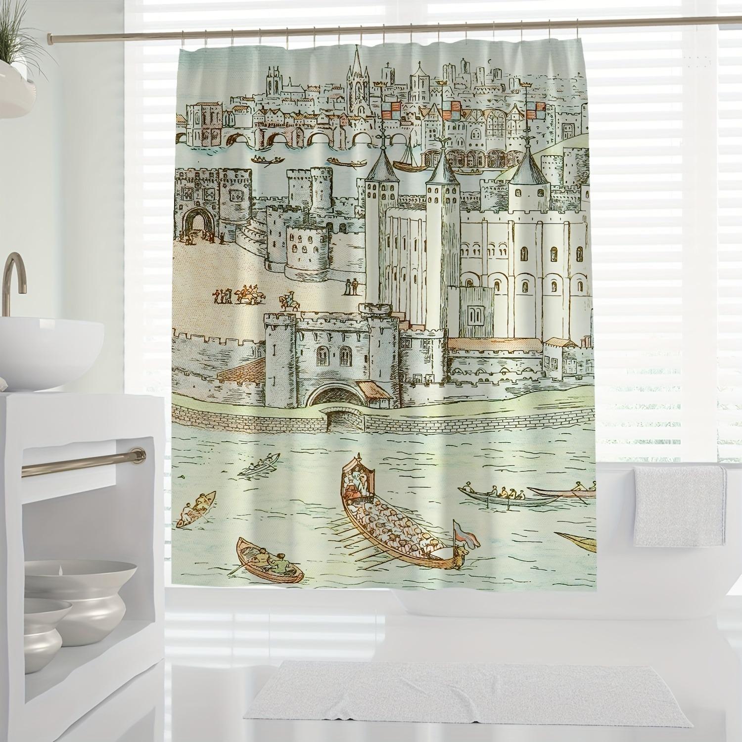 Dunika Chen Retro Hand-Painted Medieval Cityscape Shower Curtain Washable Dirt-Resistant Shower Head Waterproof Polyester Bath Curtain