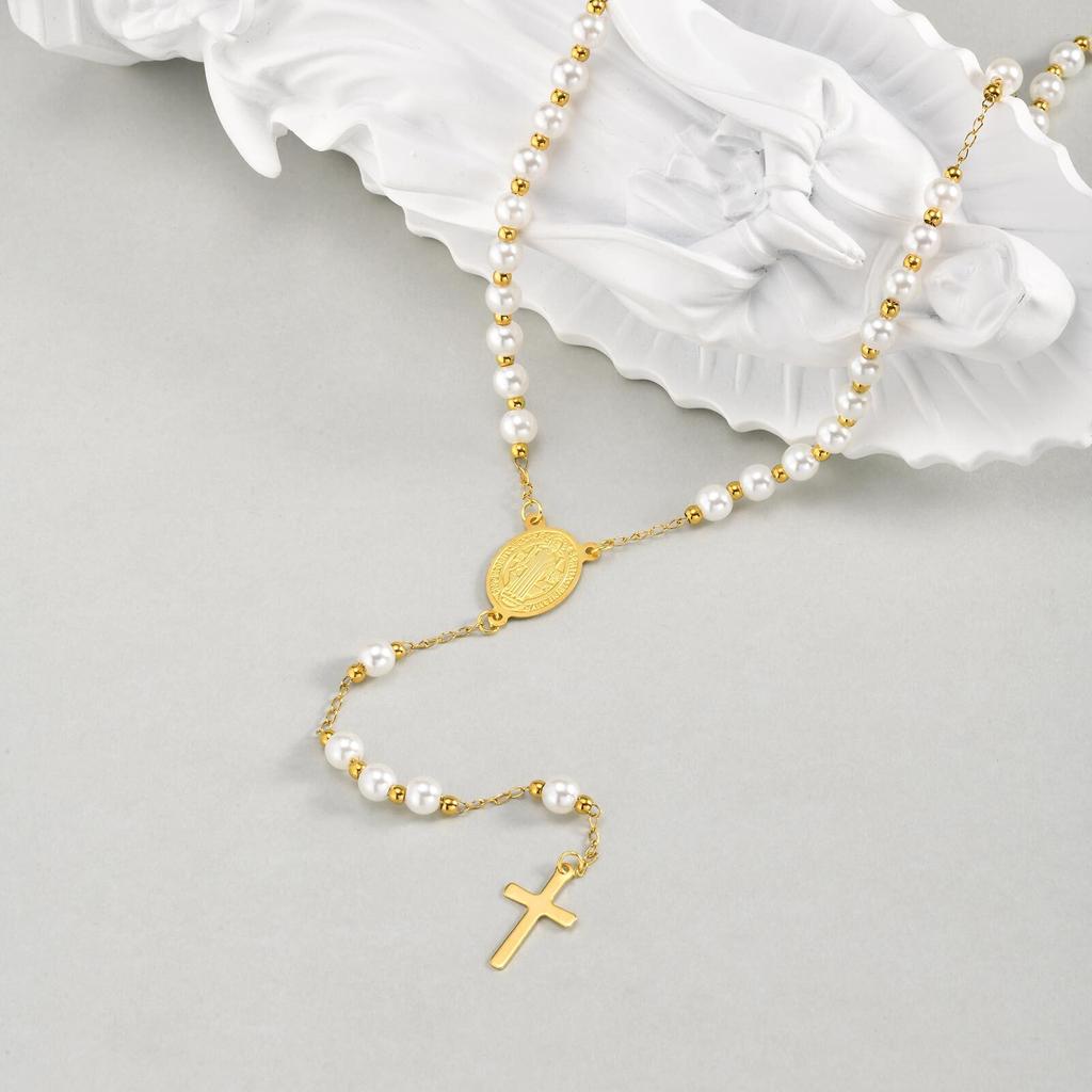 Rosary Pearls Beaded Cross Necklaces for Women, Virgin Mary Necklace, Non Tarnish Catholic Y Chain Crucifix Necklace Pendant