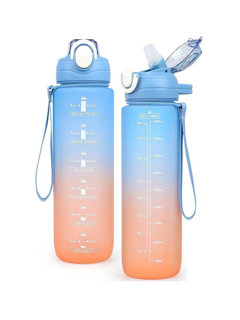 1L Sportwasserflasche Cartoon Transparent Tragbar Motivationswasserbecher Mit Plastikstrohhalm Tasse Outdoor-Sport Camping Trinken