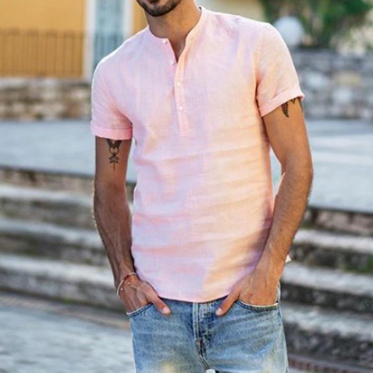 Men's Stand Collar Solid Color Loose Short Sleeved Shirt