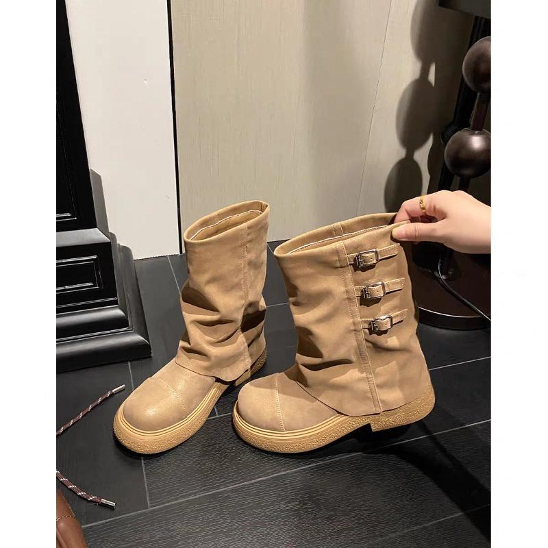 

Модные Ретро Женские 2025 Новые Металлическая Пряжка Блочный Каблук Ботильоны Платформа Короткие Ботинки 40