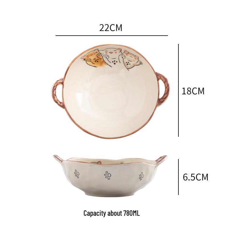 Handbemalte Keramik Glückskatze Suppenschüssel mit Doppelgriff