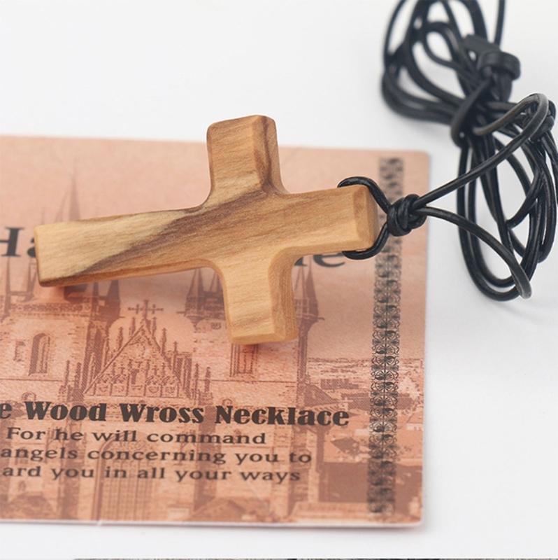 Hand-carved Tapered Wood Cross-shape Necklace Long Leather Rope Adjustable Olive Wood Pendant for Boys Girls Men Women