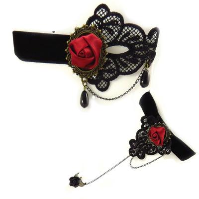 [K6570] - Designer-Set 'Kurtisanen' rot schwarz (Spitze Samt) (Armband Ring + Fußkettchen)