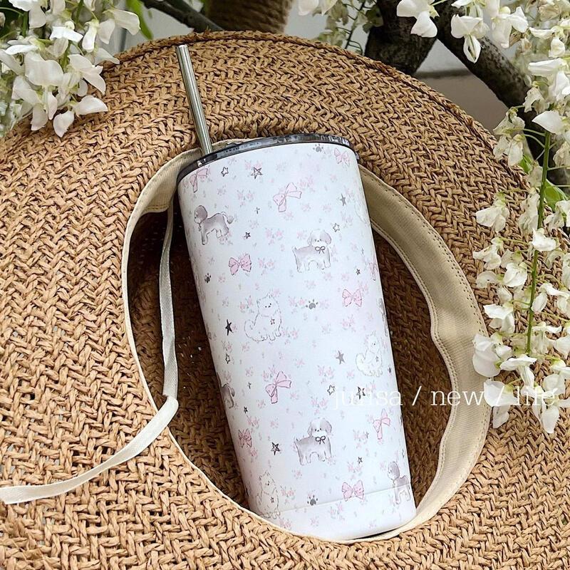 Qiwei Baby Pink Bunny & Floral Insulated Straw Bottle