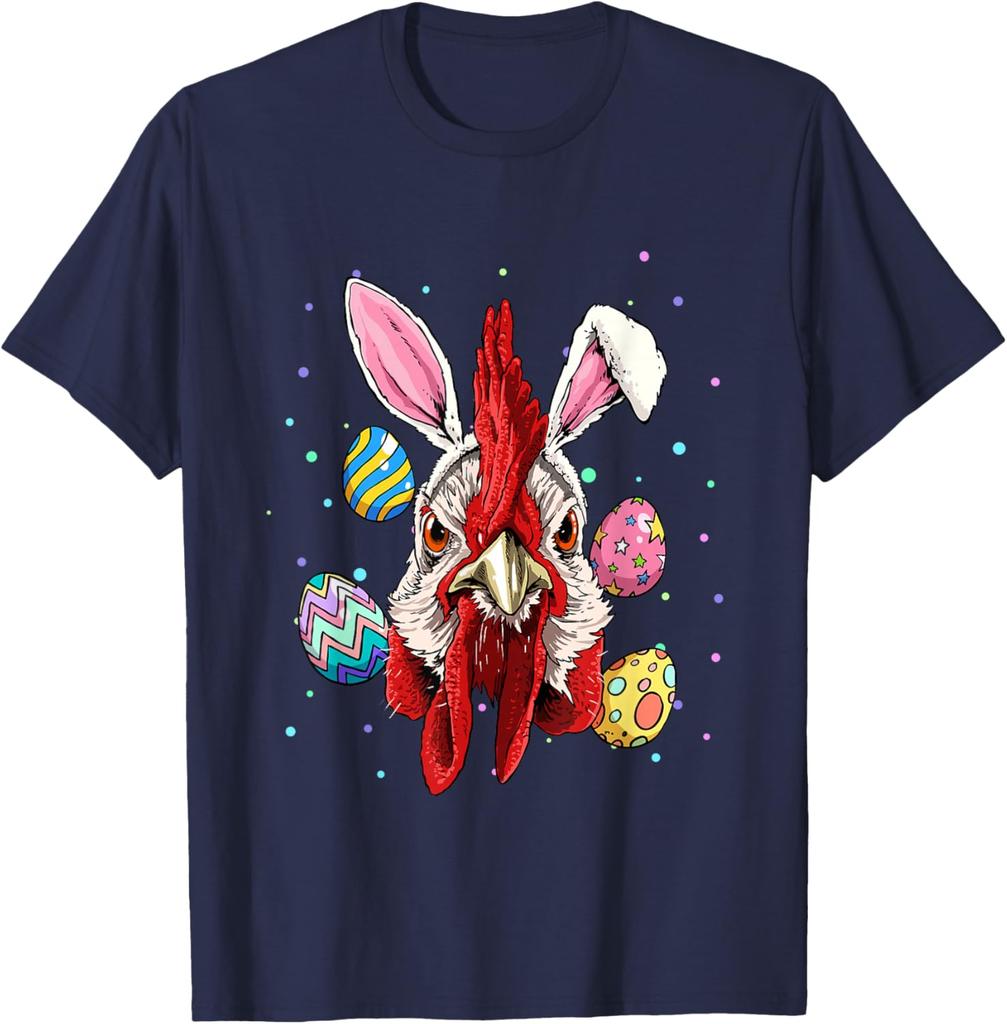 Funny Rooster Bunny Easter Egg Graphic Tee Men's Casual Short Sleeve T-Shirt Trip