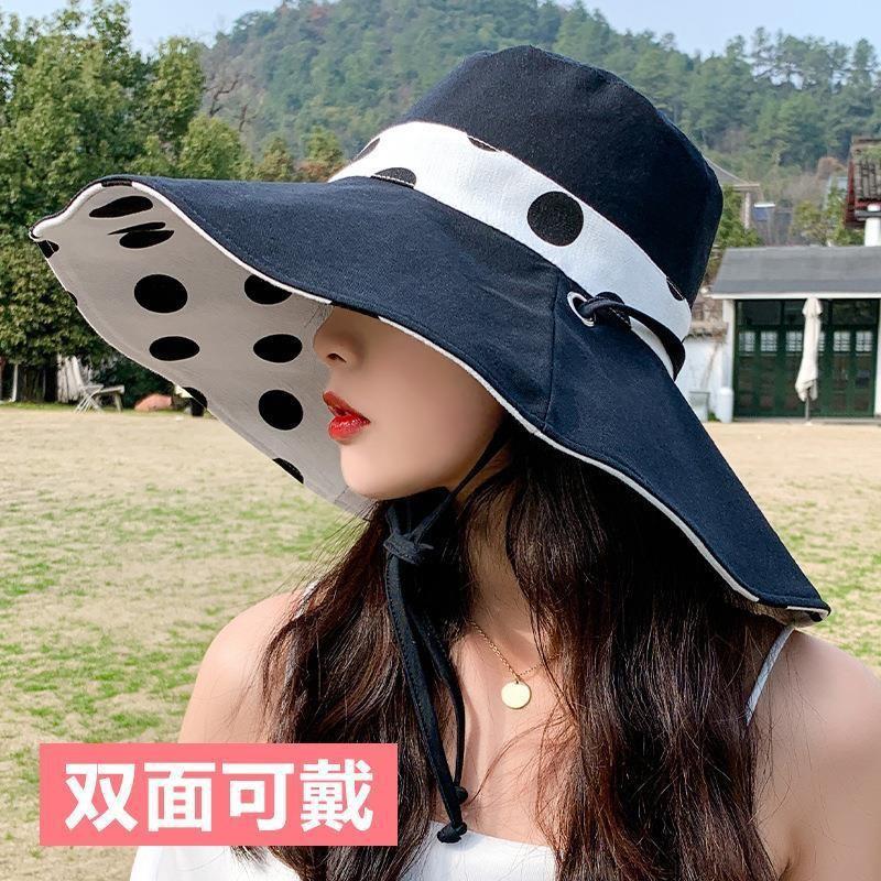 1pc Polka Dot Ribbonbucket Hat for Women,Large Wide Brim Summer Sun Hat Breathable Sunscreen Visor Cap for Beach Sun Tralve