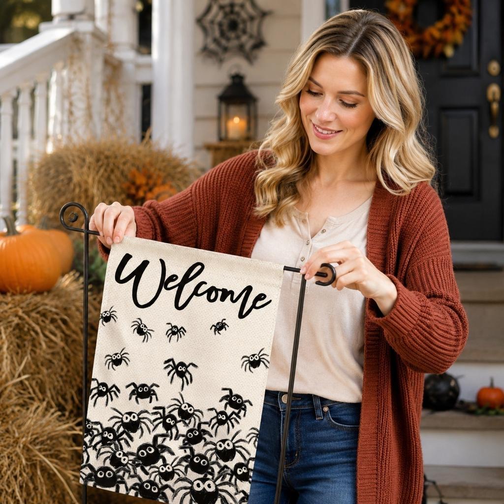 Halloween Decorative Garden Flag Trick or Treat Design with Pumpkins Spider Webs and Bats for Outdoor Yard Display 45x30cm