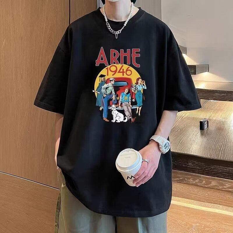 

Новая летняя футболка с короткими рукавами для мужчин, тренд в корейском стиле, простой топ с короткими рукавами, свободная повседневная брендовая футболка в гонконгском стиле XL чёрный