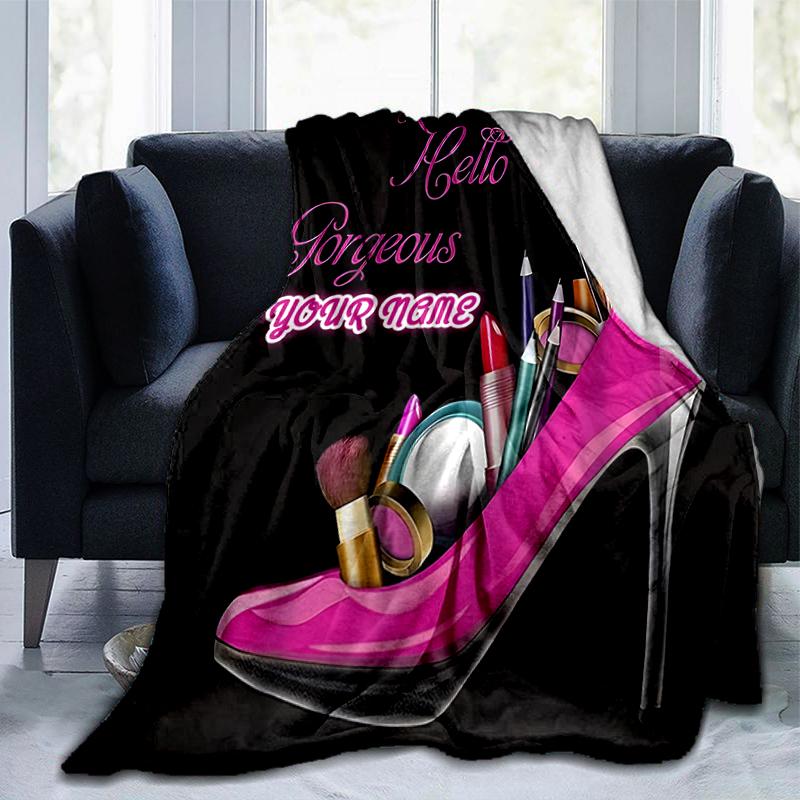1PC Custom Name Glamorous Makeup Shoes outdooor Flannel blankets Throw Blanket All-Season Throw Gift Bedspread for Couch, Bed, Camping Holiday Birthda