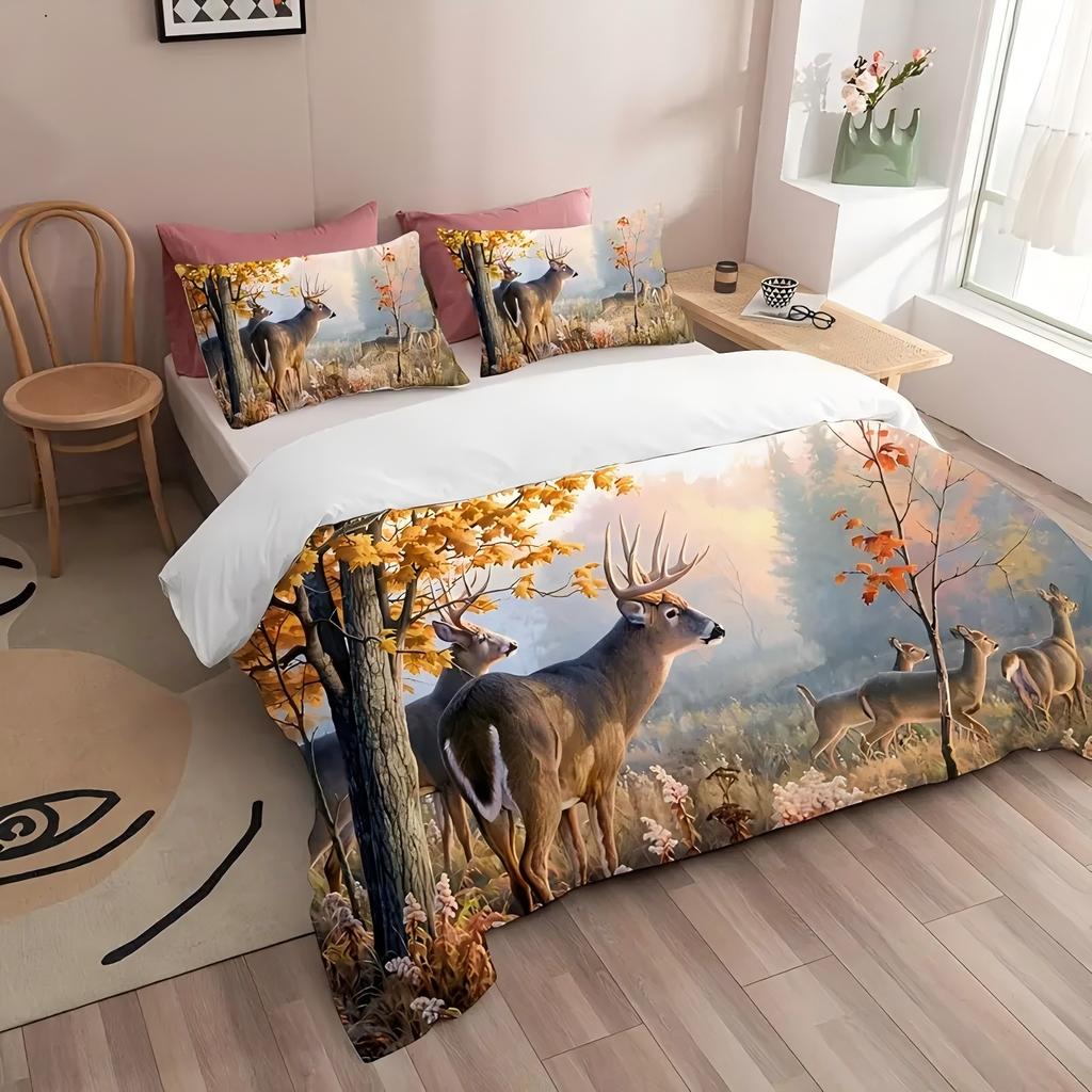 Deer Floral Pattern 3D Printed Duvet Cover Retro Artistic Style Bedding Set For Kids Teens Adults Wildlife Theme Quilt Cover