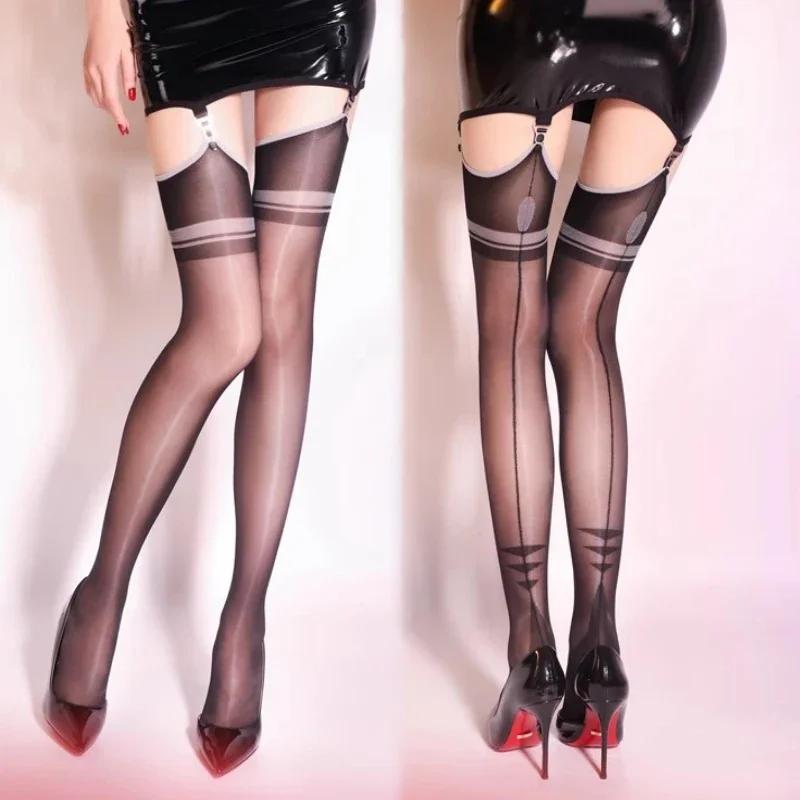 Women Sexy Ultra Thin Transparent Thigh High Stockings 5D Oil Glossy Cuban Heel Back Seam Party Socks Pole Dance Clubwear