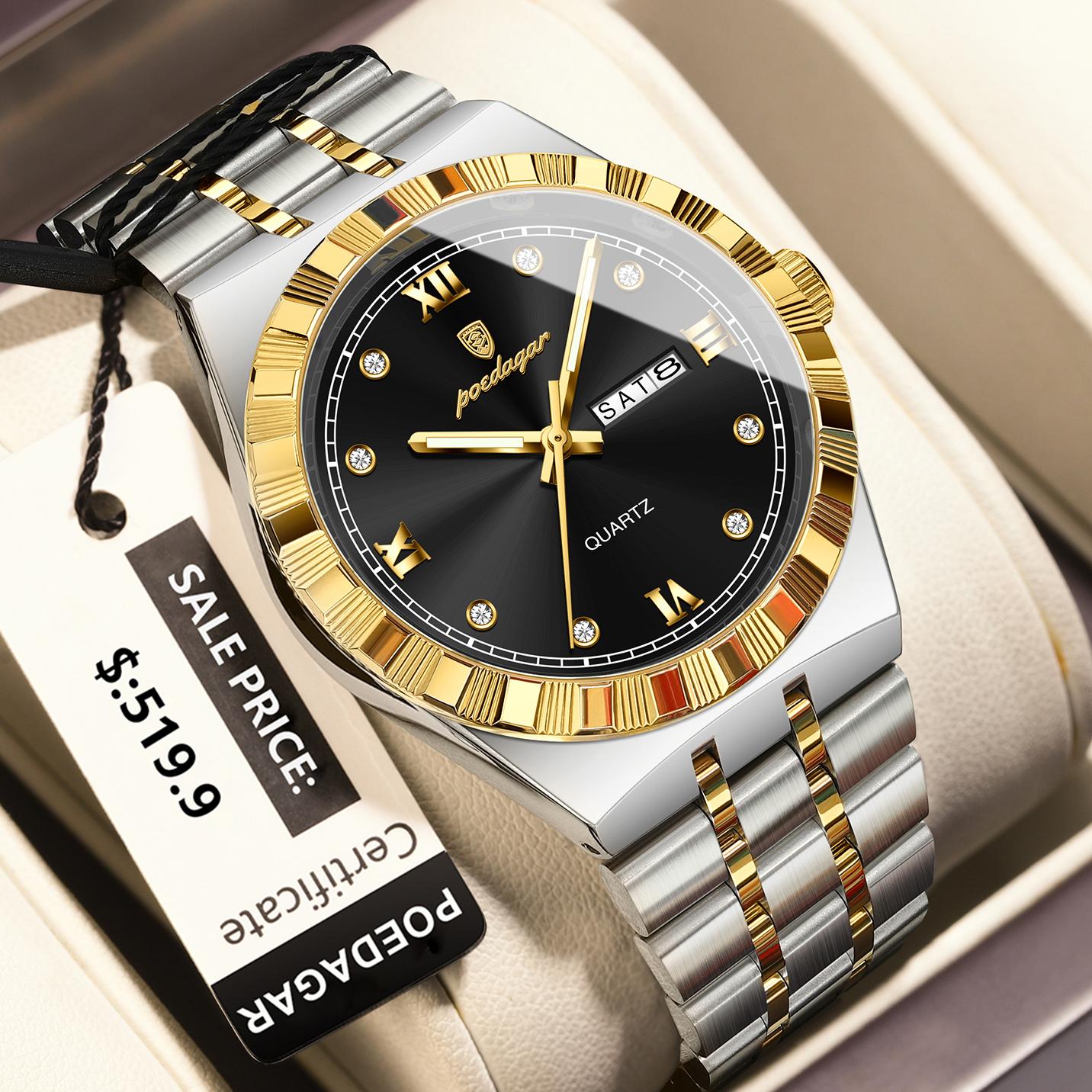 Montre de Luxe Business pour Homme Étanche Lumineuse Semaine Date Montre-Bracelet pour Homme Acier Inoxydable Montres à Quartz Tendance noir