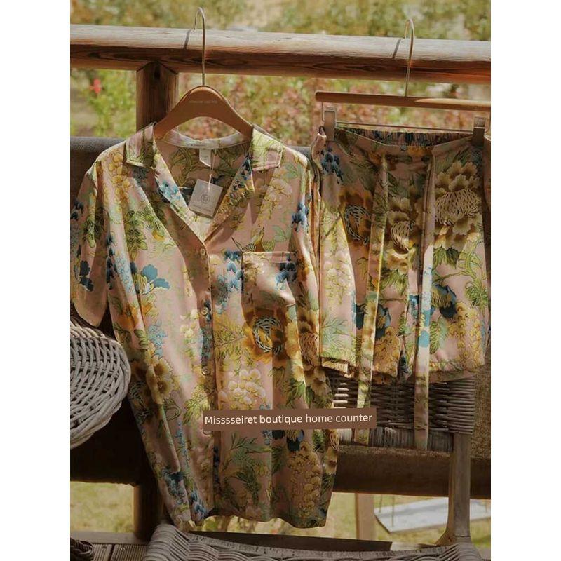 British Light Luxury ~ World Paradise Silk Satin Pajamas Women's Suit Short Sleeve Shorts Ice Silk Thin Homewear