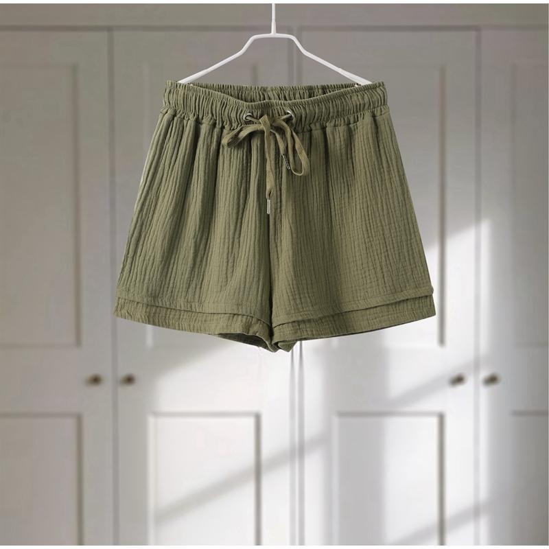 Wrinkled Lace-up Wide Leg Short Pants Set Wrinkled Fabric Woman Solid Long Sleeve Pockets Cotton Shirt Shorts 2-Pieces Sets Casual Loose Outfit