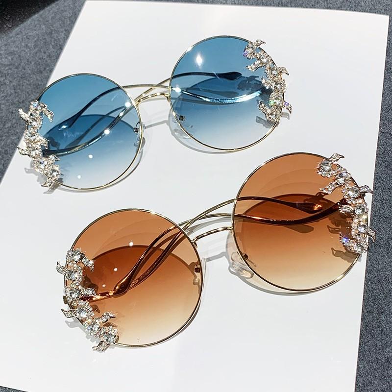 New Style Frameless Cut-edge Diamond Sunglasses With Wave Design Temple Glasses Fashionable Round Rhinestone Sunglasses