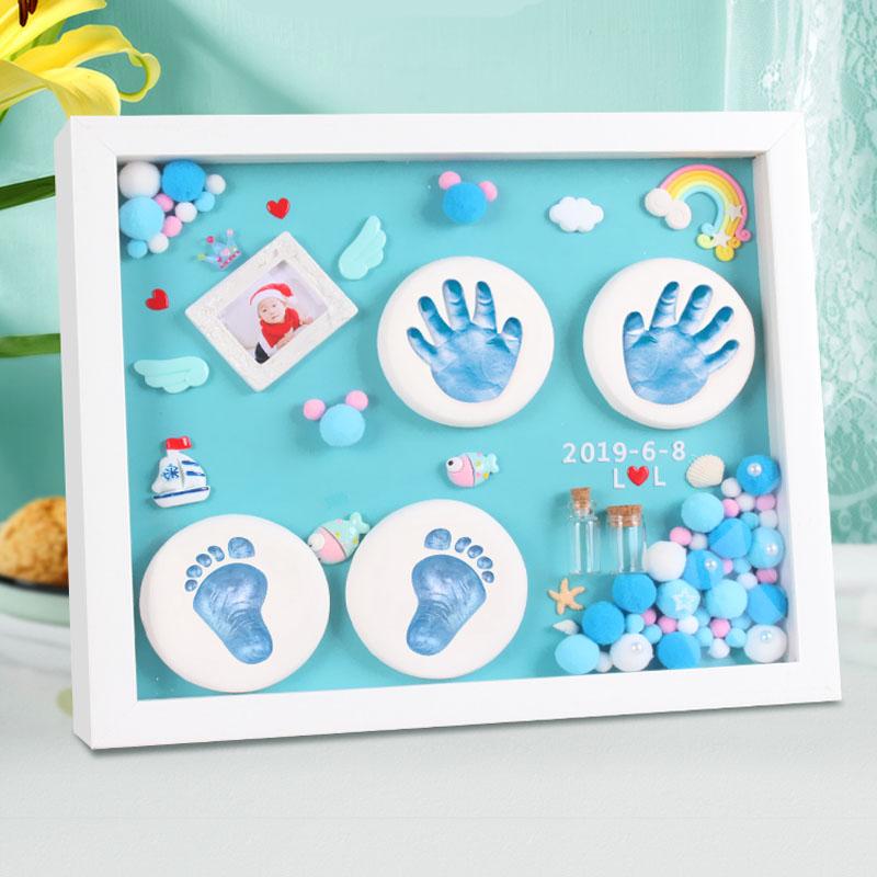 Baby's Full Moon Stereoscopic Hand Foot Printing Mud One Year Old Hand Model Souvenir 28.4x33.4CM Wooden Photo Frame Decoration